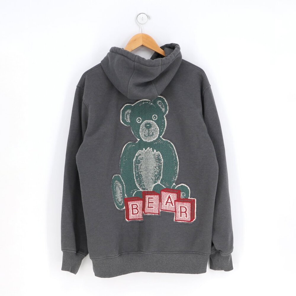 Tapestry Applique Teddy Bear Gray Hoodie Upcycled Reworked Size M